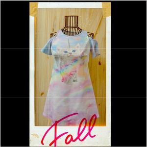 This fun unicorn cat cold shoulder dress for girls